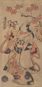 演员池岛大吉扮演站在梅花树下的女人，约1705年。