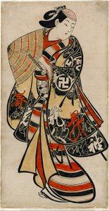 约 1707 年，饰演娘娘腔青年的演员泷井半之助（手绘木版画；箪笥，竖式おおばん） 作者 鸟居清信一世