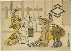 Ichikawa Danju_ro_ II，Fujimura Handayu_ II，Katsuyama Matagoro_和Sanogawa Mangiku，1719 作者 鸟居清信一世鸟居清信一世