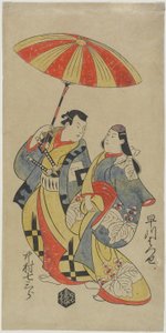Nakamura Shichisaburo_as Chihara Sakonnosuke和Hayakawa Hatsuse作为The Courtesan Okuni，1702年8月 作者 鸟居清信一世鸟居清信一世