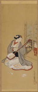 穿着女装的演员在弹奏三味线 作者 Toriyama Sekien
