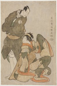 演员岩井半四郎（左）饰演信浓屋大饭，万户彦三郎三世（左）饰演带屋左卫门 作者 Toshusai Sharaku