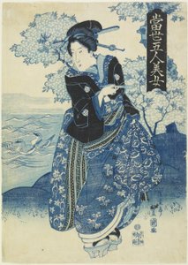 美女拿着烟斗，19世纪30年代初（彩色木版画）