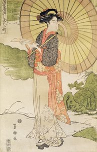 有遮阳伞的常设妇女（颜色木刻印刷品）