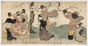 日本艺术：风中花（妇女和男子在树枝上挂幡的场景）--宇多川丰国（1769-1825 年）线刻版画（37.8x75.9），约 1797-1800 年 - 檀香山艺术学院