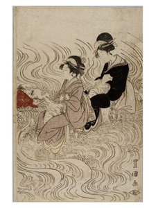 在波涛汹涌的河流中渡过的宫女队伍