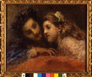 Attrazione (Attraction), a man leans towards a child in an accomplice and reassuring way. He is probably a father and his daughter (word of mouth). Painting by Tranquillo Cremona (1837-1878) Galleria d