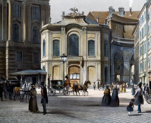维也纳 Michaelerplatz 的城堡剧院，右侧为 Winterreitschule（冬季骑术学校），作者 Tranquillo Mollo（1767-1837 年），彩色雕刻，奥地利 作者 特兰奎洛莫洛
