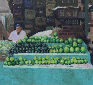 销售芒果和鳄梨（哥伦比亚波哥大），2016 年（木板油画） 作者 特雷弗·伯吉斯