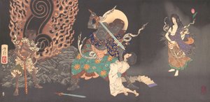 福道妙威胁一个新手，1885年。 作者 月冈义俊