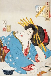 放松的时刻，京都关西时期艺妓的脸，月冈义俊（1839-1892）的插图，选自《风俗习惯的三十二个方面》，Oban-tate-e木刻，37.5 x 26厘米，日本文明 作者 月冈义俊