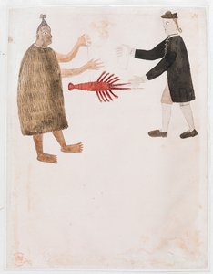 Add MS 15508 [Drawing no.12] A Maori bartering a crayfish with an English naval officer, 