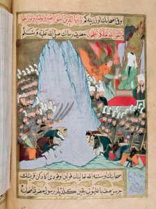 伊斯兰教。"天使加百列出现在穆罕默德（Muhammad或Muhammad）面前，他在一次战斗中来到希拉山会面，并向他传达了真主的话语，将《古兰经》的部分内容揭示为610。预言家的脸是面纱"。来自土耳其马的微型画