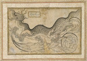 ``Saz&39;&39;风格的树叶中龙的绘画，约1540-50年（墨水，不透明水彩和纸上金） 作者 土耳其语学校