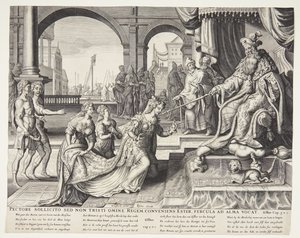 以斯帖在亚哈随鲁面前邀请他赴宴 作者 Ubekendt 之后 Philips Galle 之后 forlæg af Maarten van Heemskerck