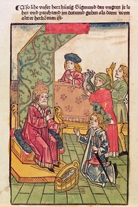 卢森堡的西吉斯蒙德（1367-1437）皇帝接受了他的匈牙利臣民的敬意，1483年（彩色木刻）（另见316982） 作者 乌尔里希·冯·里森塔尔