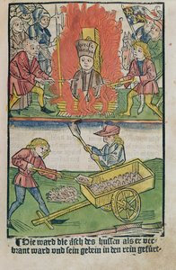 Jan Hus在1483年出版的“康斯坦茨理事会历史”中烧毁了康斯坦茨理事会的股份 作者 乌尔里希·冯·里森塔尔