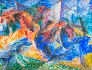 马匹、骑手和建筑 作者 翁贝托·博西奥尼（Umberto Boccioni）