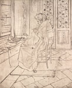 艺术家的母亲在钩织，1907年。 作者 翁贝托·博西奥尼（Umberto Boccioni）