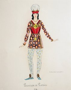 贾科莫·普契尼为《图兰朵》中的波斯王子设计的服装，翁贝托·布鲁内莱斯基（1879-1949）为这部歌剧在米兰斯卡拉歌剧院首演绘制的草图，4 月 25 日