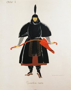 贾科莫·普契尼为《图兰朵》中的黑色卫兵设计的服装，由翁贝托·布鲁内莱斯基（Umberto Brunelleschi，1879-1949 年）为这部歌剧在米兰斯卡拉剧院首演而绘制的草图，4 月 25 日在米兰斯卡拉歌剧院举行 作者 翁贝托·布鲁内莱斯基