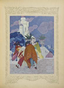 四名蒙面男子将她抬到塔顶，插图来自《Contes du Temps Jadis》或《过去的故事》，第 22 页 作者 翁贝托·布鲁内莱斯基