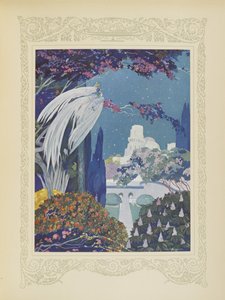 然而，美丽的青鸟从未停止在宫殿周围盘旋，插图选自《Contes du Temps Jadis》，或《Tales from Times Past》，第 32 页。 作者 翁贝托·布鲁内莱斯基