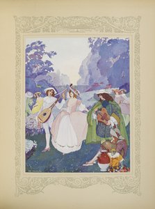 牧羊人和牧羊女在笛声和风笛声中翩翩起舞，插图选自《Contes du Temps Jadis》，即《过去时代的故事》，第 74 页 作者 翁贝托·布鲁内莱斯基