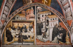 Episodes of the life of Saint Benedict of Nursie: “On the left the attack of the monks of Vicovaro who seek to poison Saint Benoit, this one miraculously breaks the cup containing the poison, on the right Saint Benoit warriors a monk with acedie”” Fresco o 作者 翁布里亚学校