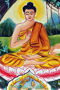 20151029, Vientiane, Laos : Wat Inpeng buddhist temple. Painting depicting the life story of Shakyamuni Buddha. The Teaching Buddha depicts a particular moment in the life of the Buddha, namely, the first sermon the Buddha gave after reaching Enlightenment 作者 不明