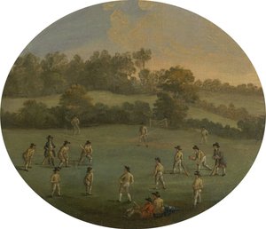 一场板球比赛 1790年至1790年期间，在玛丽伯恩田野（现在的摄政公园）的皇家学院俱乐部。 作者 不明