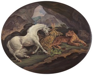 一匹被母狮惊吓的马，约1800年。 作者 不明