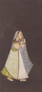 一位晚上走着的女士拿着油灯，约。 1725。 作者 不明