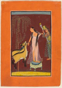 一位有服务员和一对鹿的女士，可能是迪帕克的古吉里·拉吉尼（Gujari Ragini），来自帕哈里·拉加马拉（Pahari Ragamala），1 作者 不明