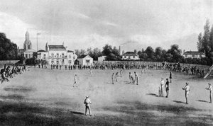 一场板球比赛正在进行中，伦敦肯宁顿椭圆球场，1848年，1912年 作者 不明