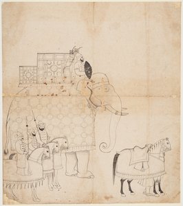 Caparisoned大象和马的图画，c。 1760。 作者 不明