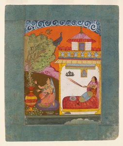 一位女士在采摘树叶，说明音乐模式Gunakali Ragini，约1675年 作者 不明