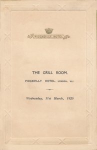 1920年伦敦皮卡迪利饭店烧烤室的菜单 作者 不明