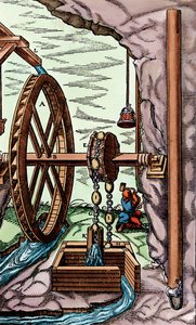 1556年，一个由打捞的水车驱动的碎石泵将一枚矿排干 作者 不明
