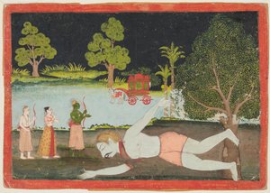 罗摩衍那的一页：拉玛，拉克什曼和西塔在被杀的巨人面前c。 1770年。 作者 不明
