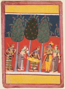 Rasikapriya系列中的一页：克里希纳和拉达以及有乐器的Sakhis，c。 1650 作者 不明