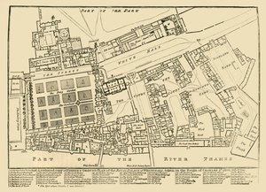 《白厅皇家宫殿渔人地面计划》的简化副本，1680年，1881年。 作者 不明