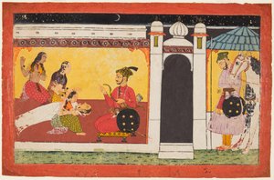 一名女士在王子面前昏倒，这是Madhavanala Kamakandala系列中的夜景c。 1700。 作者 不明