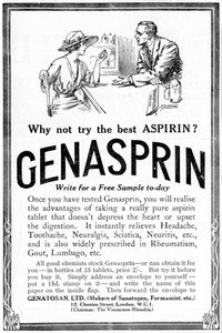 Genasprin（阿司匹林药物的专有品牌）的广告。 1919年 作者 不明