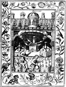 展示各种形式的熔炉和容器的炼金术实验室，1652年 作者 不明