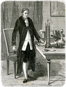 意大利物理学家亚历山德罗·沃尔塔（Alessandro Volta）展示了他的电动桩电池c1800 c1870 作者 不明
