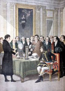 亚历山德罗·沃尔塔（Alessandro Volta）向拿破仑（c拿破仑）展示他的堆电池，c1800 1901 作者 不明