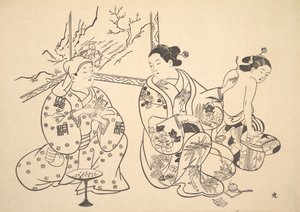 一个坐在客厅里的花魁对另一个女人的背部进行火烧处理。 作者 不明