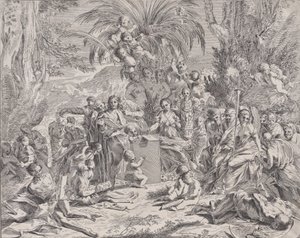 一个绘画的寓言，谁作为一个孩子在中间左边的平板上画画，周围是...，1650-1700。 作者 不明