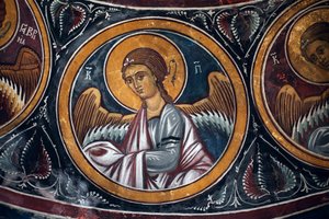 Angel Medallion around Christ and the Last Judgement Detail of the Byzantin fresco from the Narthex vault of the church of Asinou Last judgement scene 14th century (1332) UNESCO, world cultural heritage site Troodos region, Cyprus 作者 不明